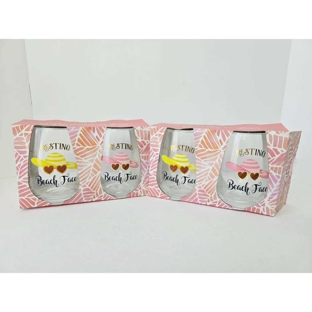 New Stemless wine glasses‎ Summer Resting Beach Face set of 4 NEW
